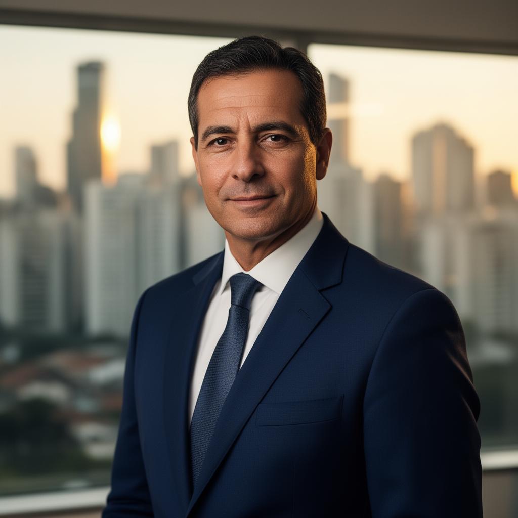 Empresário em escritório moderno ao entardecer